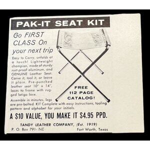Pak-It Luggage Seat Mini Print Ad Vintage 1962 Tandy Leather Fort Worth TX
